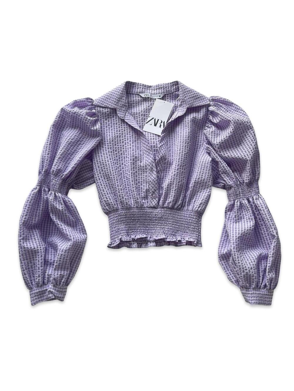 ZARA NWT Lilac Gingham Puff Sleeve Smocked Crop Blouse Cottagecore Prairie S